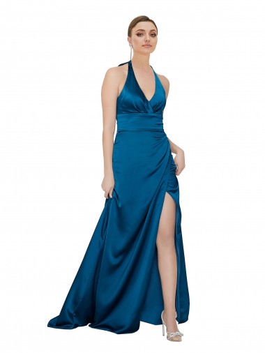 Open Back Long Silky Satin Peacock Blue A-Line Evening Dress UK Online