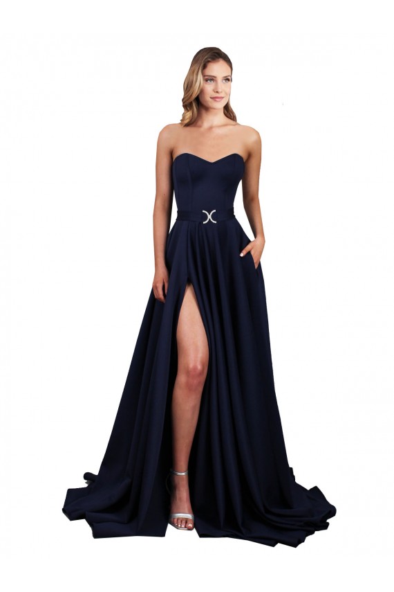 Low Back Long Stretch Crepe Dark Navy A-Line Evening Dress UK Online