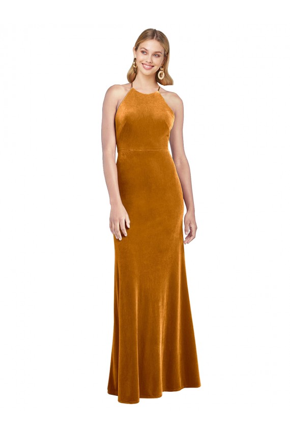 Criss Cross Open Back Long Stretch Velvet Gold A-Line Evening Dress UK Online
