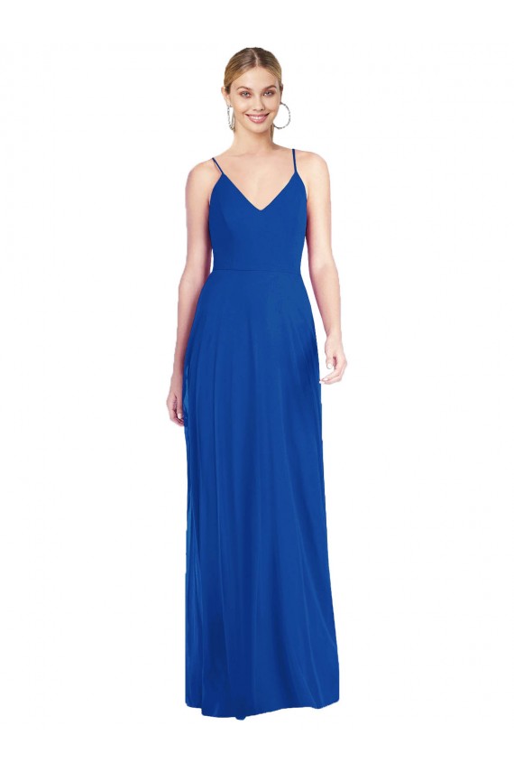 Criss Cross Back Long Soft Chiffon Royal Blue A-Line Maxi Evening Dress UK Online