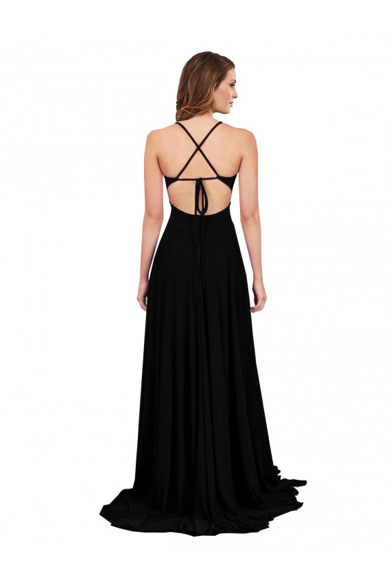 Open Back Long Spandex Black A-Line Sexy Evening Dress UK Online