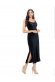Low Back Midi Length Stretch Velvet Dark Navy Column Evening Dress UK Online