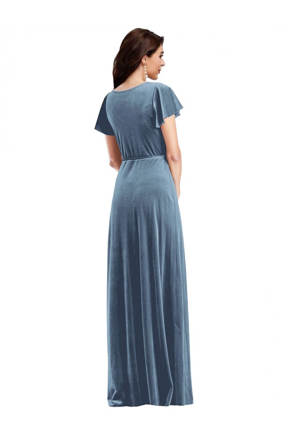 Long Stretch Velvet Dusty Blue A-Line V-Neck Maxi Evening Dress UK Online