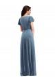 Long Stretch Velvet Dusty Blue A-Line V-Neck Maxi Evening Dress UK Online
