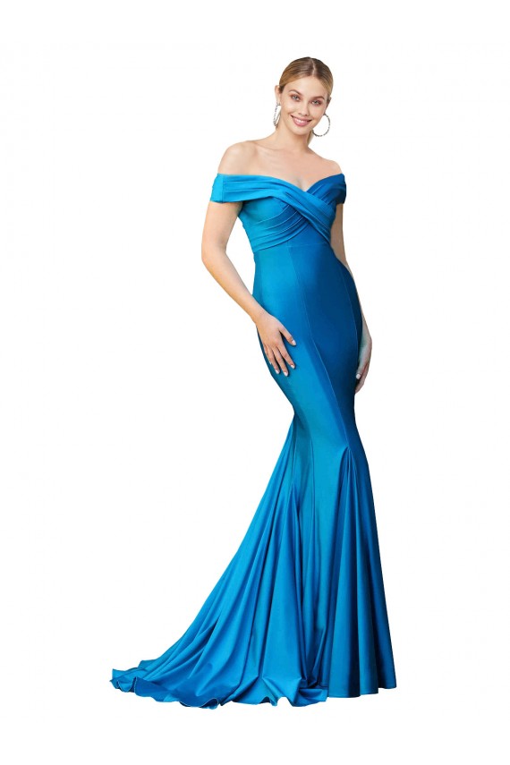 Long Satin Peacock Blue Mermaid Evening Dress UK Online