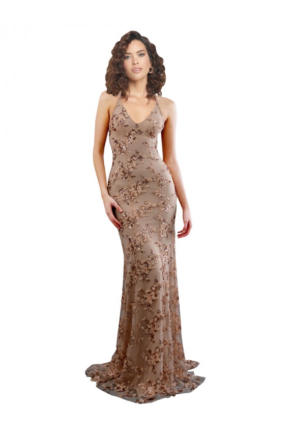 Backless Long Stretch Crepe & Sequin Tulle Rose Gold Mermaid Evening Dress UK Online