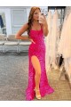 Sweep Train Velvet Sequin Fuchsia Sheath Spaghetti Straps Evening Dress UK Online