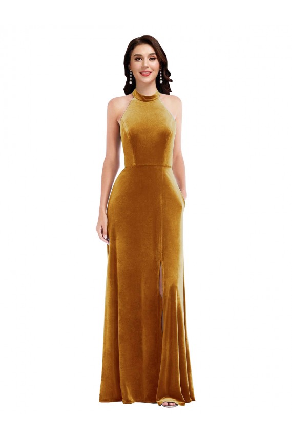 Keyhole Back Long Stretch Velvet Gold Trumpet Maxi Evening Dress UK Online